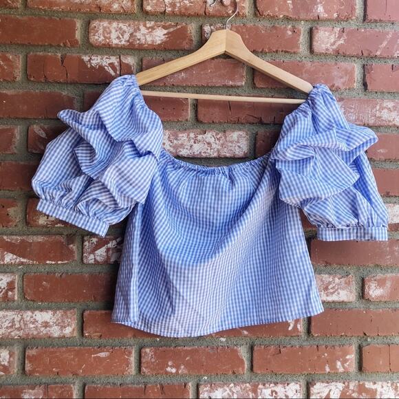Lucy Wang blue gingham plaid off the shoulder puffy sleeves ruffle blouse small - Picture 2 of 5